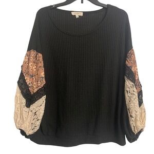 Umgee  XL Black Waffle Knit Floral Lace Puff Sleeve Top  Boho Blouse